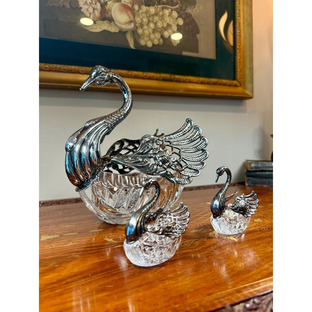 Vintage 3-Piece Crystal Swan Set Centerpiece Bowl with 2 Salt Cellars